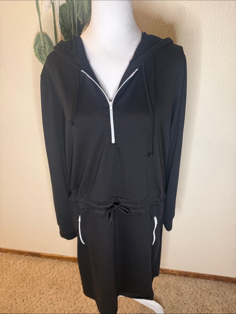 Brigitte Brianna Black Hooded Midi Dress with Half-Zip and Drawstring Waist